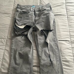 Y2k diy grey skinny jeans with rips/holes